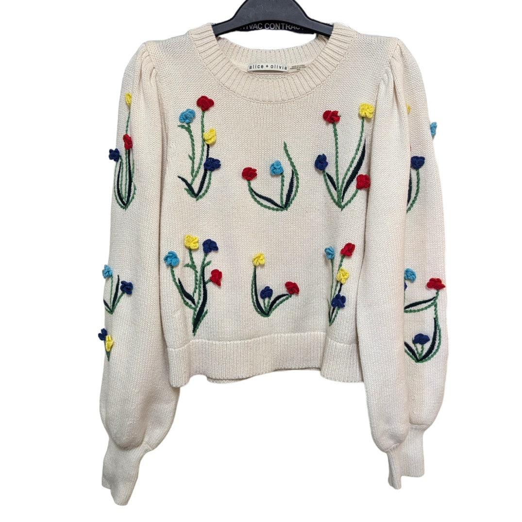 Alice + Olivia Wendell Floral Embroidered Knit Sweater Puff Sleeves Medium