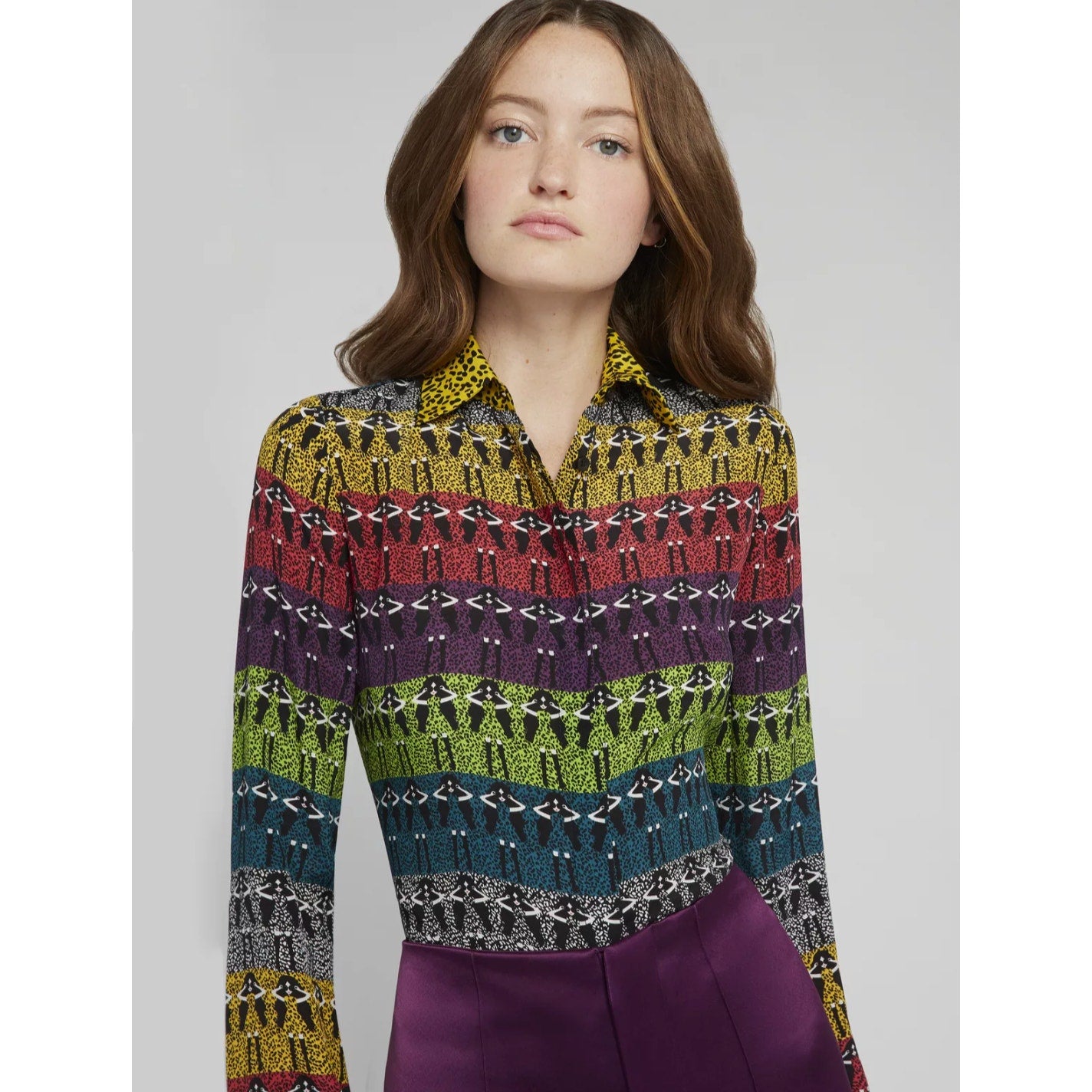 Alice and Olivia Willa Colorful Face Top Blouse Shirt Long Sleeve Rainbow Silk S