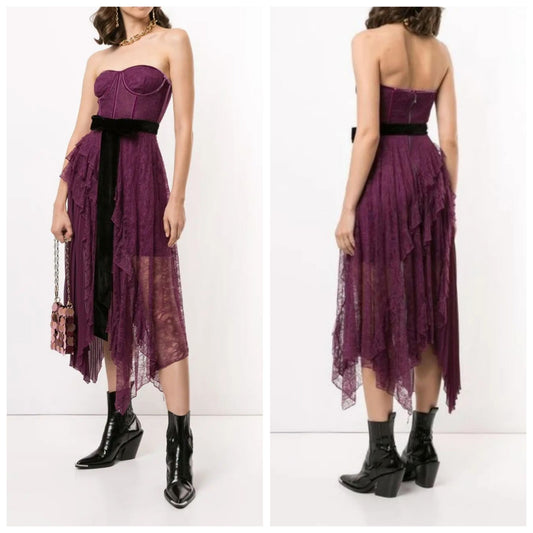 Alice + Olivia Bree Cocktail Purple Strapless Ruffle Pleated Midi Dress 10