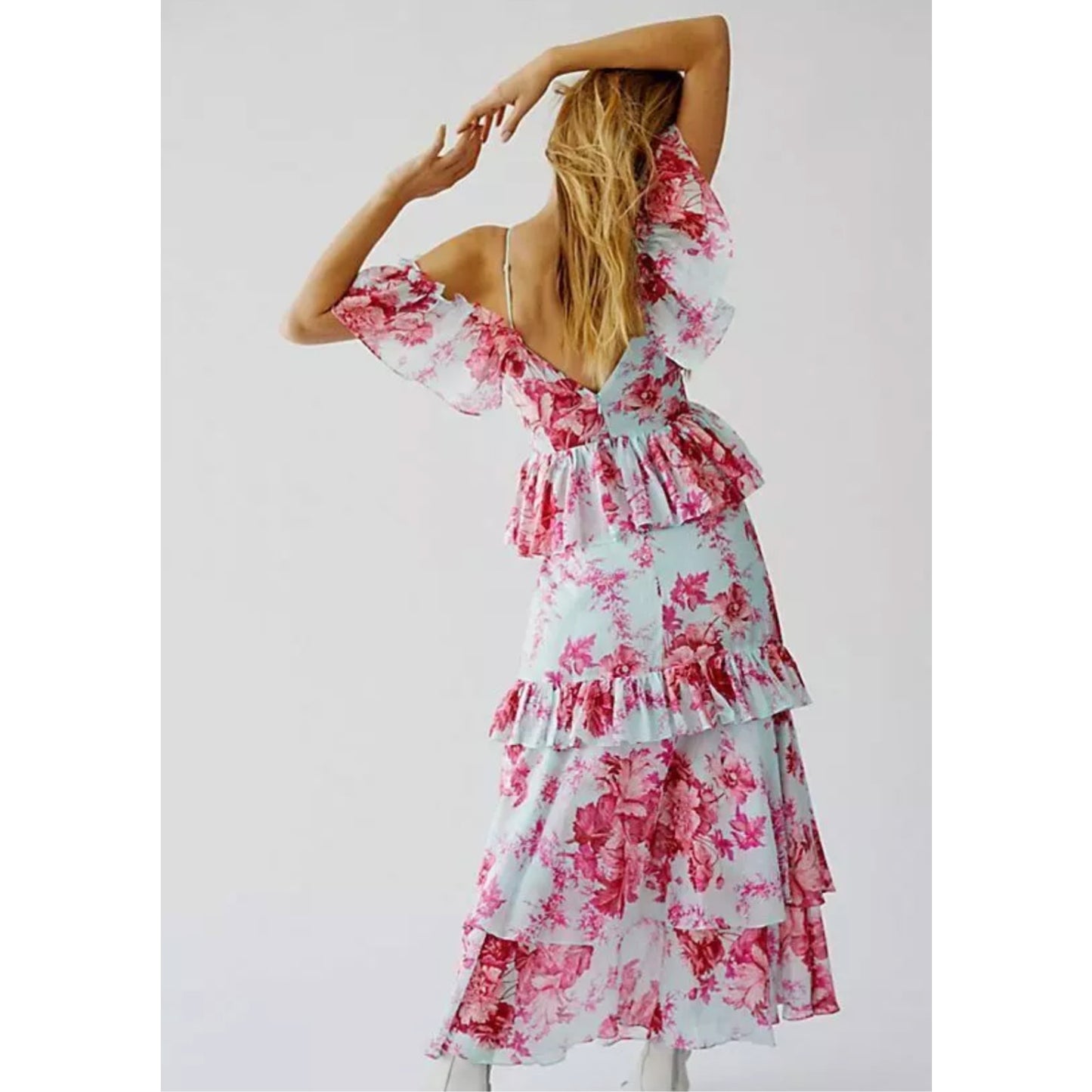 Alice McCall Pink Blue Flamingo Midi Dress Flowy Tiered Free People 0