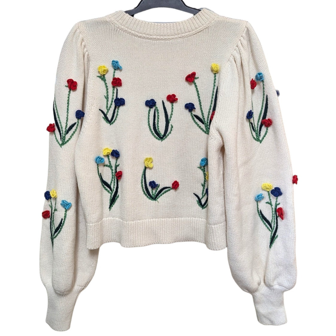 Alice + Olivia Wendell Floral Embroidered Knit Sweater Puff Sleeves Medium